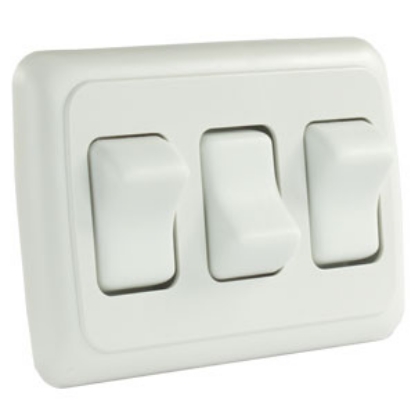 Picture of JR Products  White 125-250V/ 16A SPST Triple Rocker Switch w/ Bezel 12025 19-0174                                            